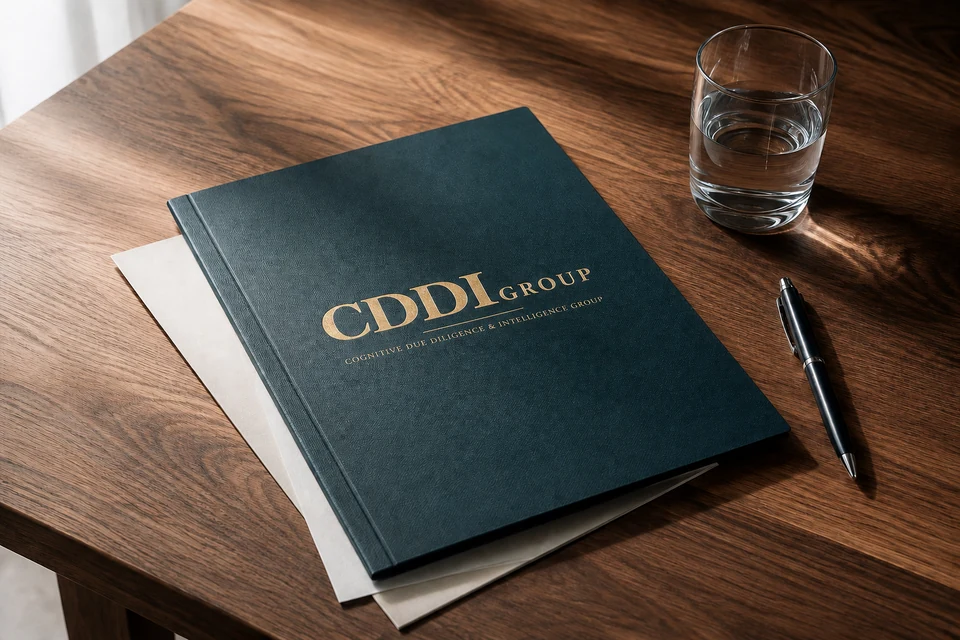 Geschlossene petrolfarbene Dokumentenmappe mit goldenem CDDI-Group-Logo auf einem Nussbaumtisch.